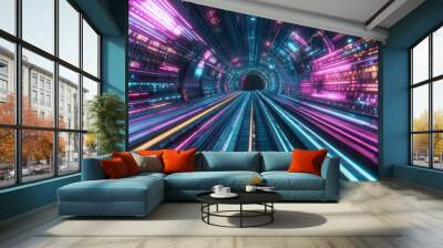 A captivating digital tunnel with vibrant neon lights, creating a mesmerizing visual experience of speed and energy. Wall mural