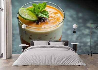 A close-up shot of a layered dessert with orange and cream in a glass with a garnish of mint leaves and a lime slice. The light shines through the orange layer creating a beautiful reflection. Wall mural