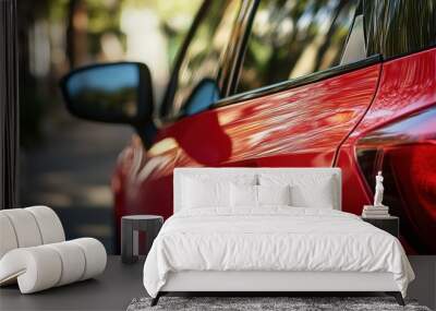 A close-up shot of a red car with the shiny paint and chrome door handle. Wall mural