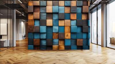 Abstract three dimensional brown and blue wooden cubes facing texture background. Wall mural