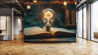 Bright light bulb on the open book for smart idea learning concept. Generated AI image Wall mural