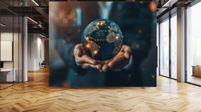 Businessman hands holding virtual globe for digital online marketing network connection. Generate AI Wall mural