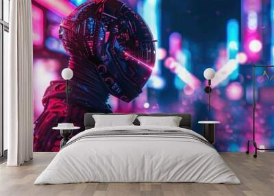 Close up of Man with digital helmet in modern neon cyberpunk city of the future. AI generated image Wall mural