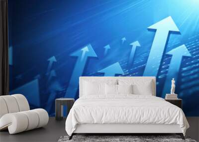 Digital futuristic business growth up arrows on blue background. Generated AI image Wall mural