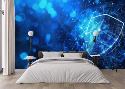 Digital futuristic shield Guard for Cyber security with glowing blue background. Generated AI image Wall mural