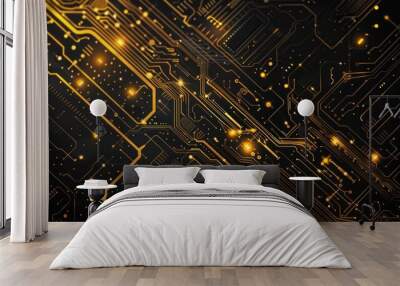 Futuristic gold circuit on black computer board digital technology pattern background. Generated AI Wall mural