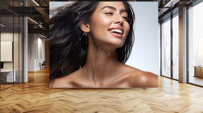 Happy pretty Indian young woman model on white background. AI generated Wall mural