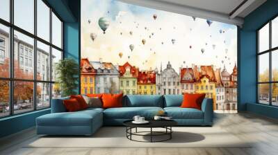 Illustration watercolor sketch drawing traditional apartment buildings with Hot air balloon. Wall mural