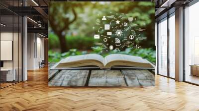 Open book with many business profit purchase icons on wooden deck blur background. Generated AI Wall mural