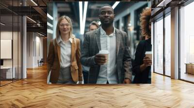 Portrait diverse coworkers holding paper cups walking together in office corridor. Generated AI Wall mural