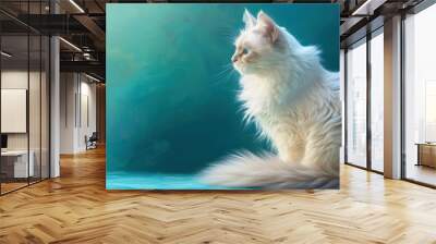 Portrait white funny fluffy cat in calm blue vibrant background. Generated AI image Wall mural