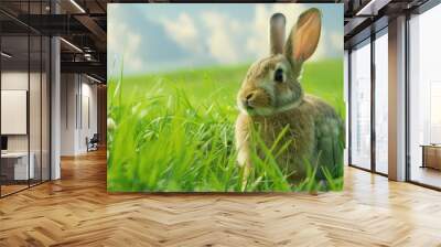 Rabbit eat grass in the middle of the green field at sunny day. AI generated Wall mural