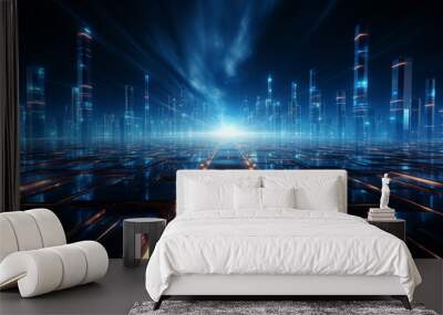 abstract art 3d background with surreal neon glowing night lite futuristic mirage illusion city with big told high skyscrapers.  Wall mural