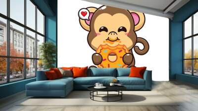 cute monkey eating donut cartoon vector illustration. Wall mural