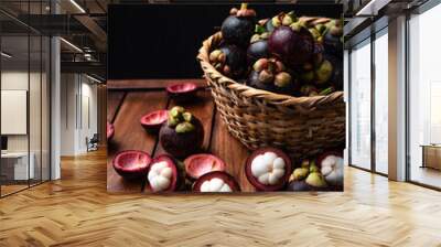 Mangosteen fruit on wooden background Wall mural