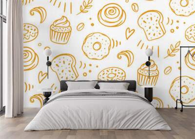 Pastry, sweet bakery seamless pattern with baked goods Wall mural