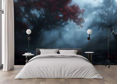 dark misty forest panorama fantasy halloween landscape Wall mural