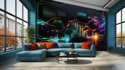 financial exchange background, digital futuristic style, flashing colorful lights, abstract graphs and numbers, ai generation Wall mural