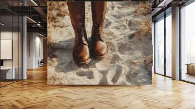 Close-up of brown leather boots standing on sand with dry grass, capturing a sense of adventure and outdoor exploration Wall mural