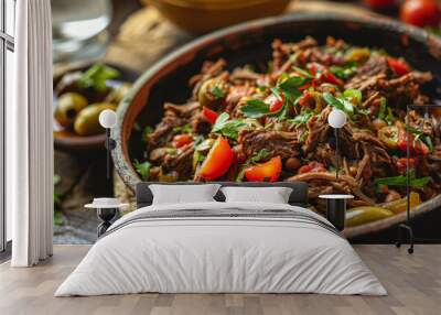 Cuban ropa vieja in a traditional dish, with shredded beef, tomatoes, and olives. A flavorful and classic dish from Cuba Wall mural