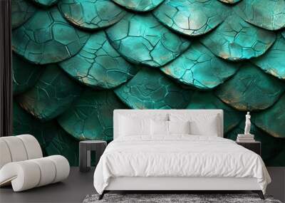 Green dragon scale pattern close-up - luxury background texture for wallpaper. Wall mural