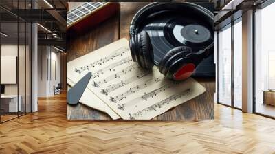 Nostalgic music setup with headphones, vinyl record, guitar, and sheet music on wooden table. Concept of music production and appreciation Wall mural