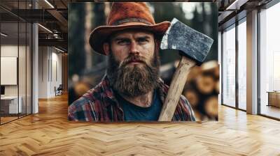 Portrait of a bearded lumberjack wearing a cowboy hat and plaid shirt, holding an axe over his shoulder in a pine forest, embodying rugged masculinity Wall mural