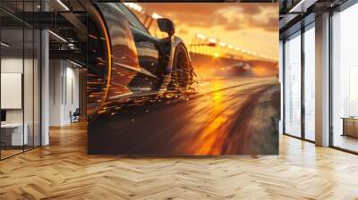 The close-up shot captures the heat of the race, with glowing brake discs and flying sparks reflecting the intensity of competitive racing. The scene is a fusion of power and precision in motion. Wall mural