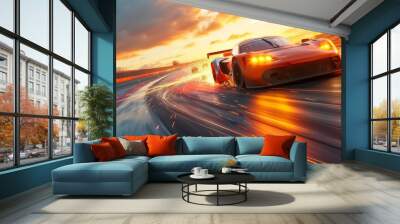 The intense competition of a car race is set ablaze with dynamic motion blur, as vehicles speed across the fiery track at sunset. The image exudes the raw power and energy of motorsport. Wall mural