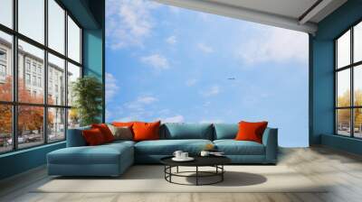 The plane flies away in a beautiful blue sky. Wall mural