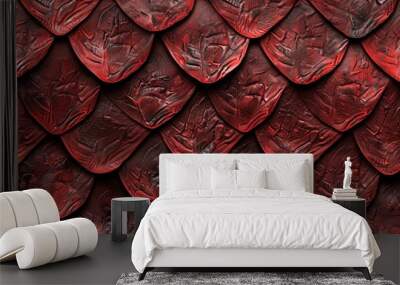 Vivid red snake skin texture with detailed scale patterns. Wall mural