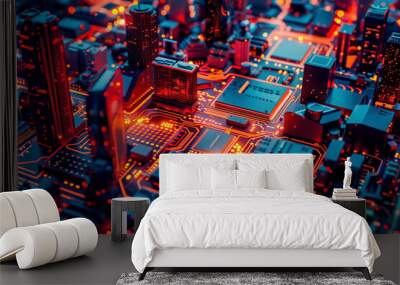 a city represented in the form of a microcircuit, futuristic city on motherboard with cpu. smart cit Wall mural