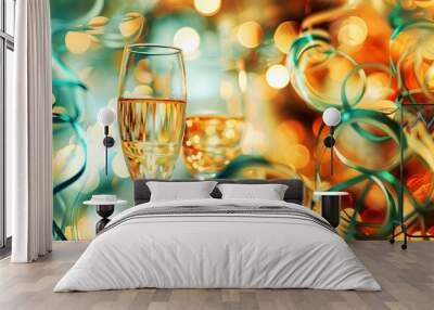 Champagne glasses and christmas decorations Wall mural