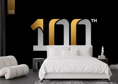 Gold and silver number 100 logo icon design on black background, 100th birthday logo number, 100anniversary Wall mural