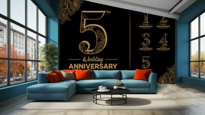 wedding celebration icon logo set decorated with gold color flowers on black background, 1, 2, 3, 4, 5 Wall mural