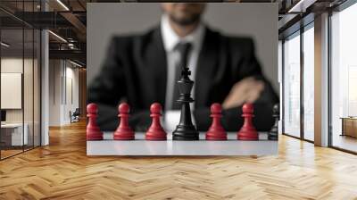 A businessman in a suit sits behind red and black chess pieces, symbolizing strategic thinking and decision-making in a corporate environment. Wall mural