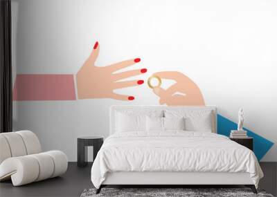 Hand of a man putting a wedding finger on a woman’s hand Wall mural