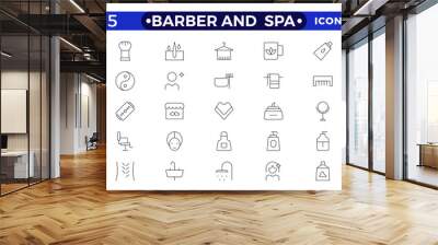 Barber and  spa icons in line style. Pixel perfect, minimalistic web and UI icon. Containing sauna, aromatherapy, treatment, yoga, skincare and wellness icons. Outline icon collections. Wall mural