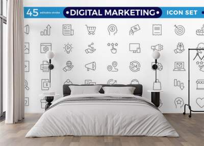 Digital marketing icons set. Content, search, marketing, e-commerce, SEO, electronic devices, internet, analysis, social. Editable stroke outline icon.
 Wall mural