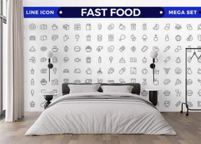 fast food outline icons. Fast food vector icon line set. Burger sandwich pizza hot dog cola coffee sweets Wall mural