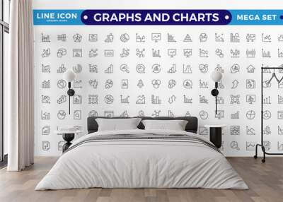 Growing bar graph icon set. Business graphs and charts icons. Statistics and analytics  Outline icon. Statistic and data, charts diagrams, money, down or up arrow. Editable stroke outline icon Wall mural