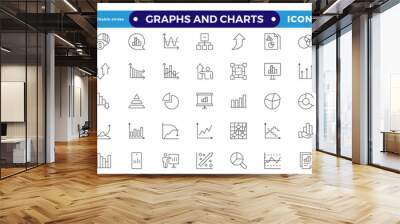 Growing bar graph icon set. Business graphs and charts icons. Statistics and analytics  Outline icon. Statistic and data, charts diagrams, money, down or up arrow. Editable stroke outline icon Wall mural