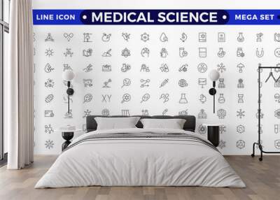 Medical science outline icons collection. Thin outline pack. Drug testing, scientific discovery disease prevention signs. Medical healthcare, doctor icons. Chemical formula, chemistry testing lab. Wall mural