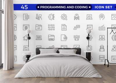 Programming coding set of web icons in line style. Software development icons for web and mobile app. Code, api, programmer, developer, information technology, coder outline icon collection. Wall mural