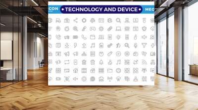 Technology and Device web icons in outline style. Computer monitor, smartphone, tablet, laptop, Mail, Search, Cloud, Media icon. Editable stroke outline icon Wall mural