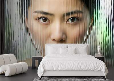 Concept of advertising healthy skin, beauty and cosmetology. Glitched and corrupted female face. Beautiful girl face. Model hidden behind mirror pattern. Clear Reeded Glass. Ribbed Background. Wall mural