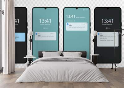 Notification screen UI. Push notification. SMS notification on the screen of the smartphone. Sms popup. Messages from social networks Wall mural
