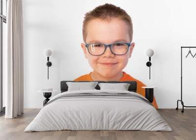 Little cute boy in glasses, isolated on white background Wall mural