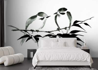 Ink illustration of two little birds sitting on the bamboo branch. Sumi-e, u-sin, guohua painting style. Silhouette made up of black brush strokes isolated on white background. Wall mural