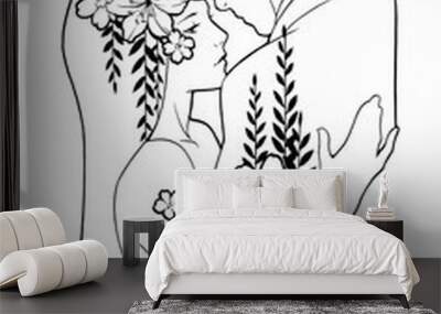 Man and woman cuddling, decorated with flowers. Hand painted illustration in black ink. Love couple dancing. Wall mural